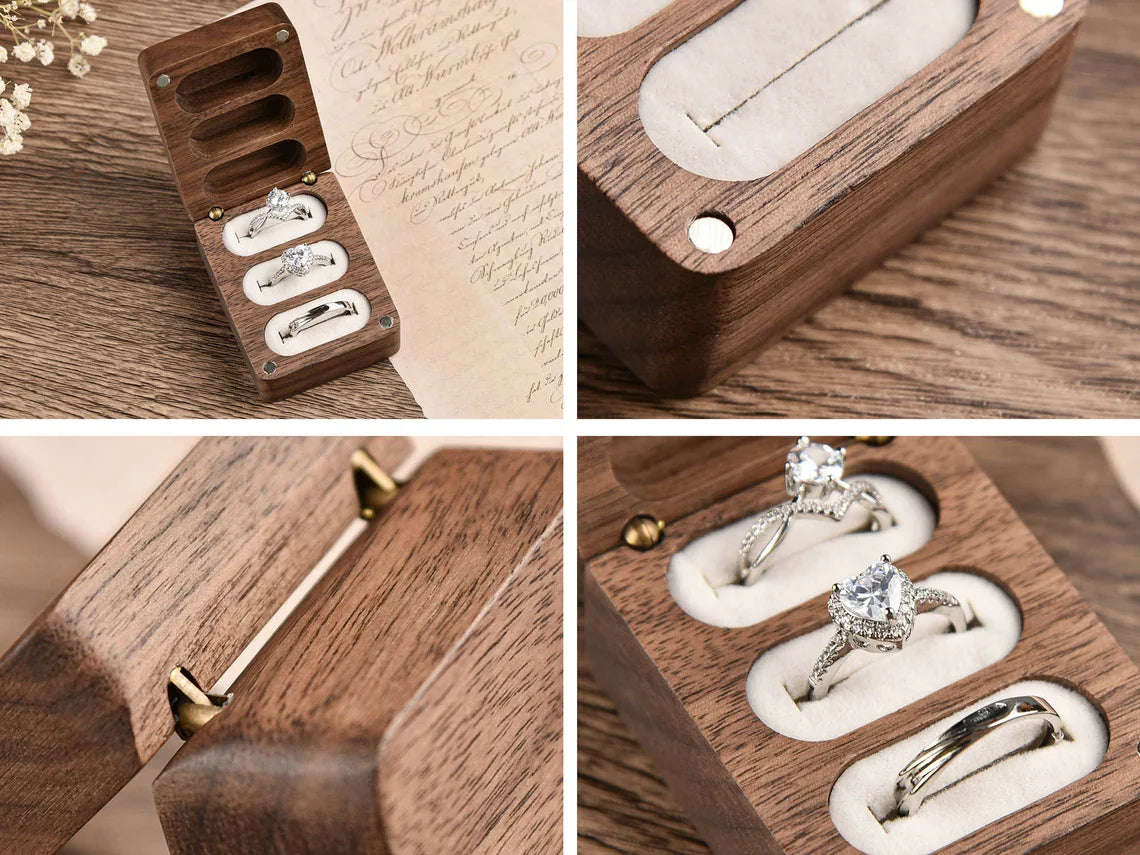 Personalisierte Walnussholz-Ringbox mit 3 Fächern