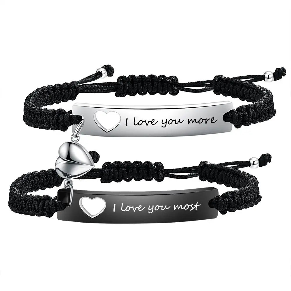 Personalisietes Edelstahl-Paararmband als Set, schwarz gewebt mit Herz-Magnetverschluss