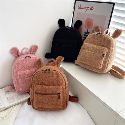 Flauschiger Rucksack mit Bärenohren aus Fleece – Perfekt für Schule, Reisen oder Einkaufen