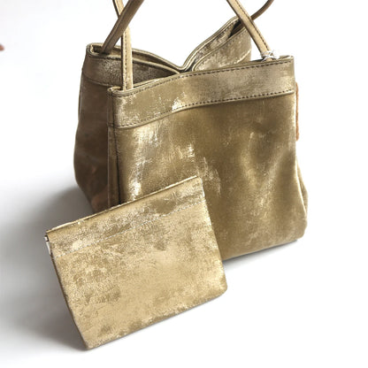 Luxuriöse Damen Bucket Handtasche aus Seide & Wildleder mit Schultergurt – Personalisierbar mit Namen