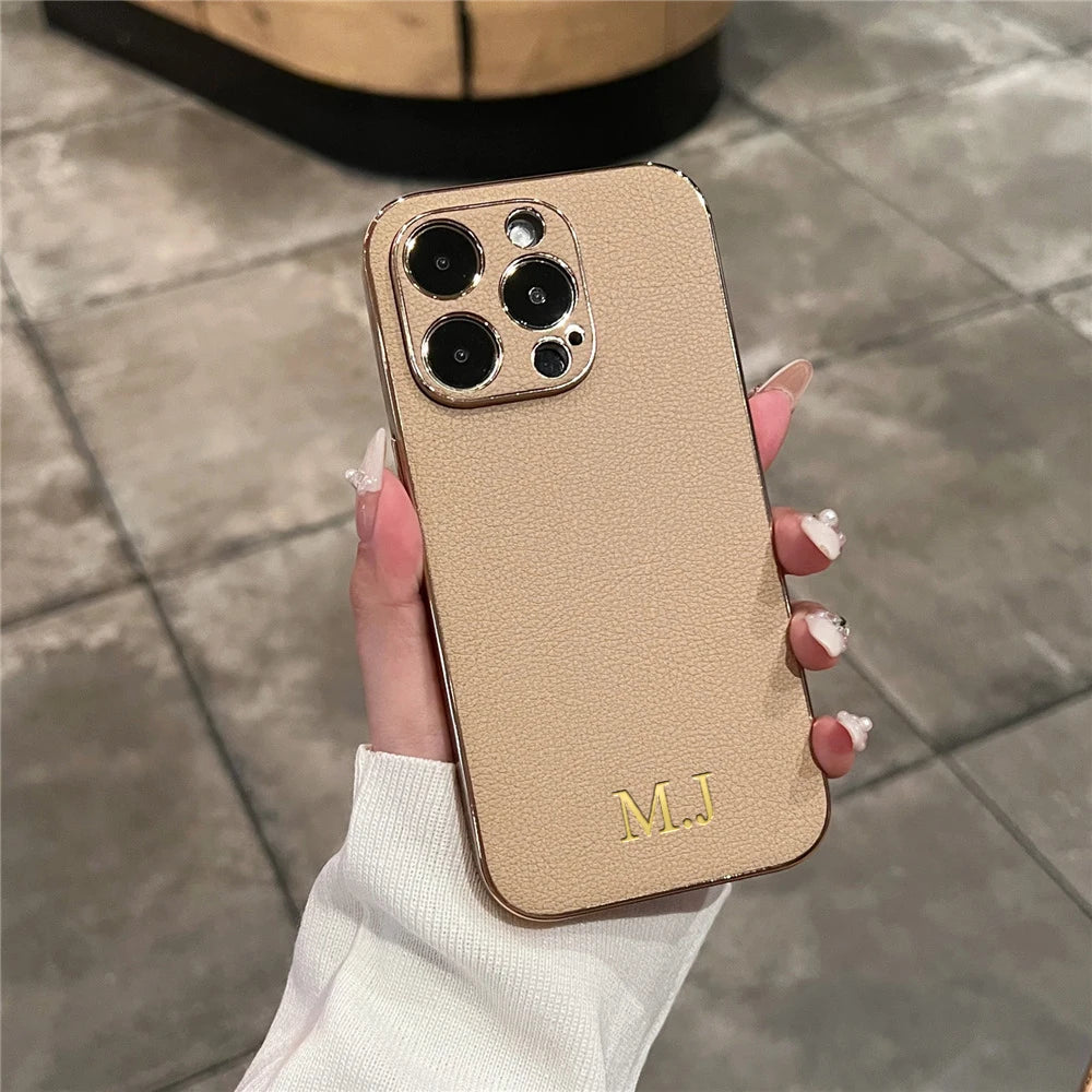 Personalisiertes iPhone-Hülle mit Namensgravur – Leder-Hülle mit Chrom-Bumper für iPhone 13, 14, 15, 16 (Pro, Max)