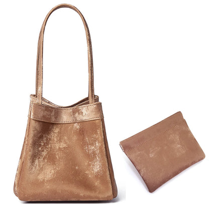 Luxuriöse Damen Bucket Handtasche aus Seide & Wildleder mit Schultergurt – Personalisierbar mit Namen