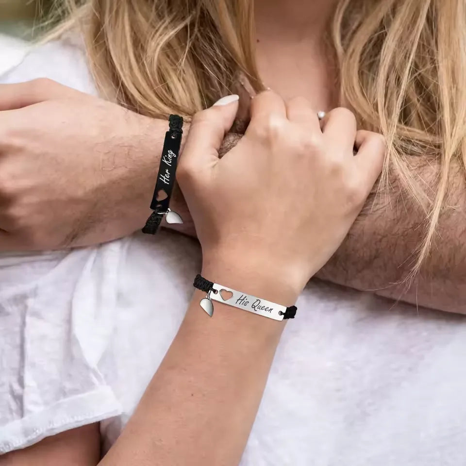 Personalisietes Edelstahl-Paararmband als Set, schwarz gewebt mit Herz-Magnetverschluss